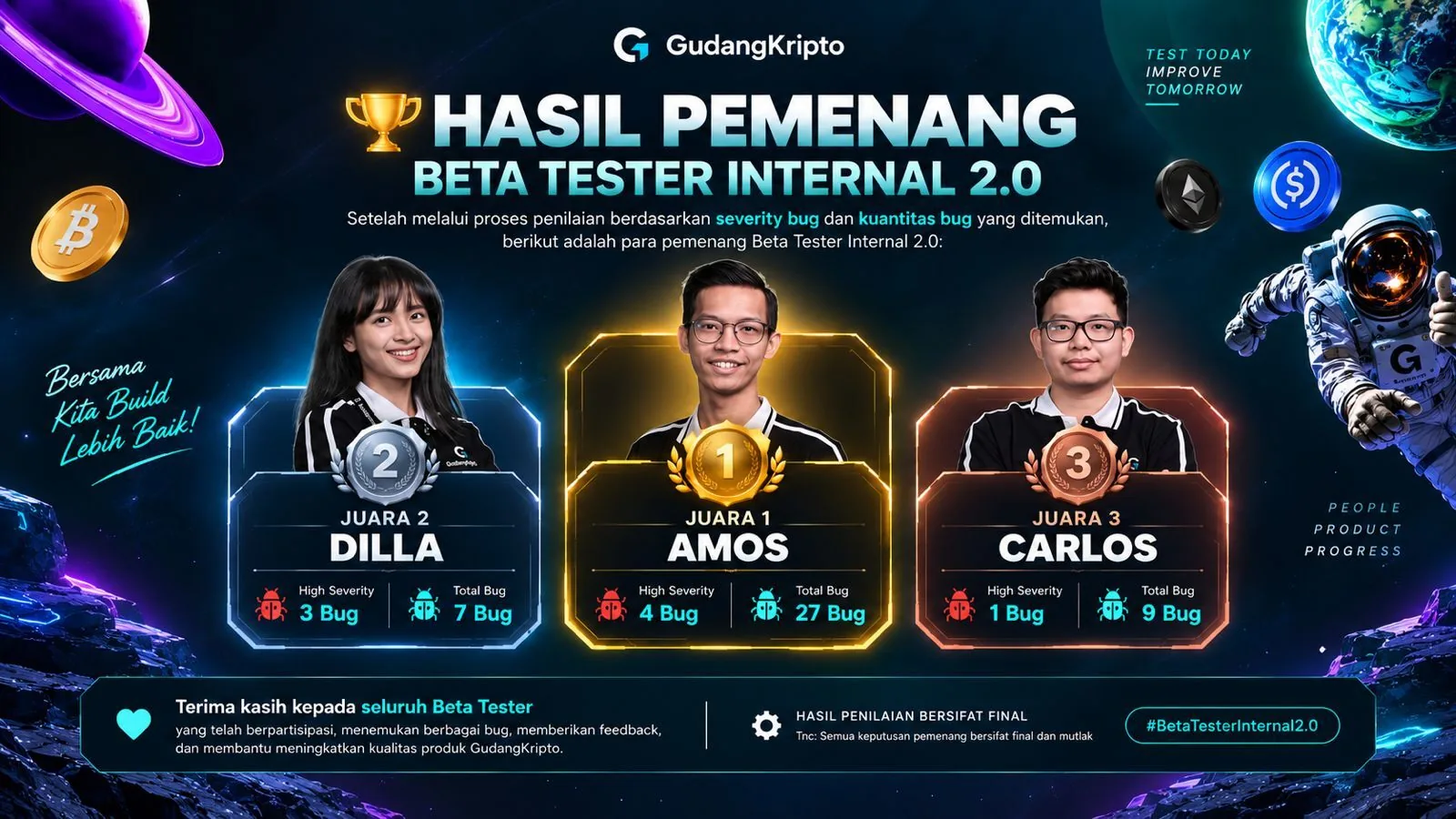 Poster hasil pemenang Beta Tester Internal 2.0 GudangKripto, Juara 1 Amos